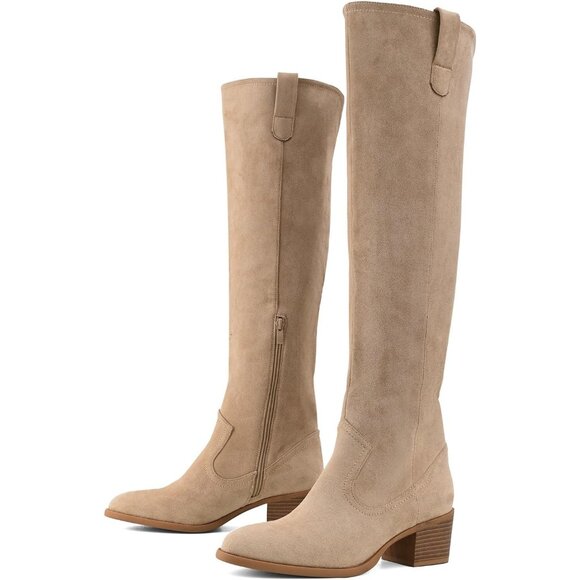 Women's Nude Faux Suede Over The Knee Thigh High Chunky Heel Pointed Toe Boots - Picture 3 of 6